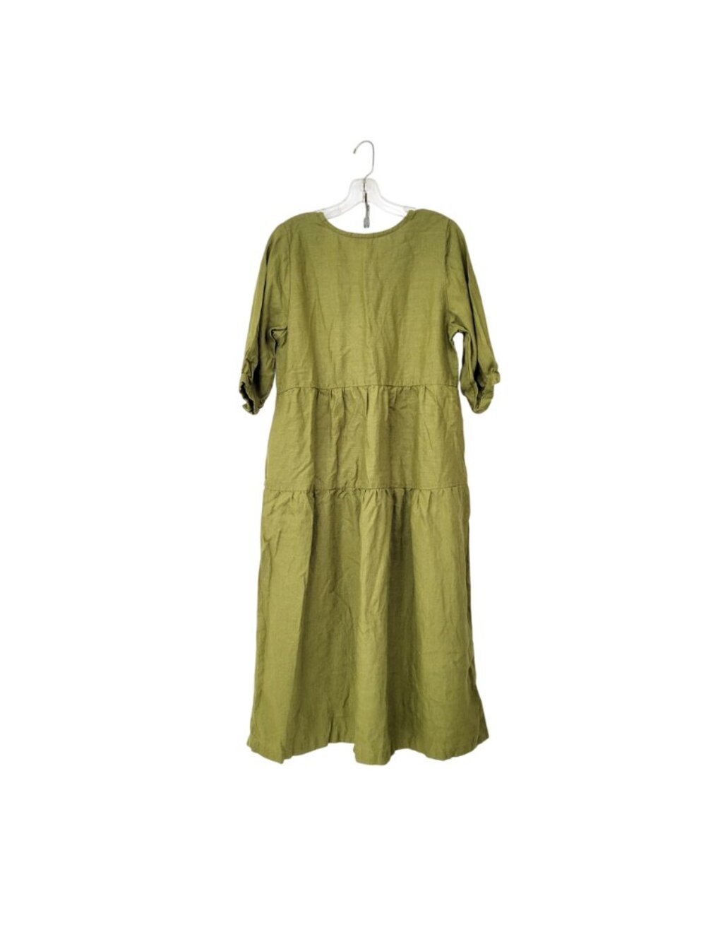 Conscious Clothing Olive Green Tiered Linen Midi Dress With 3/4 Sleeves Sustaina - Picture 2 of 7